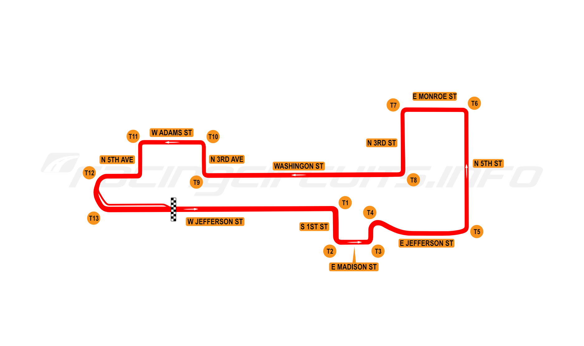 Map of Phoenix Street Circuit, Grand Prix Course 1989-90